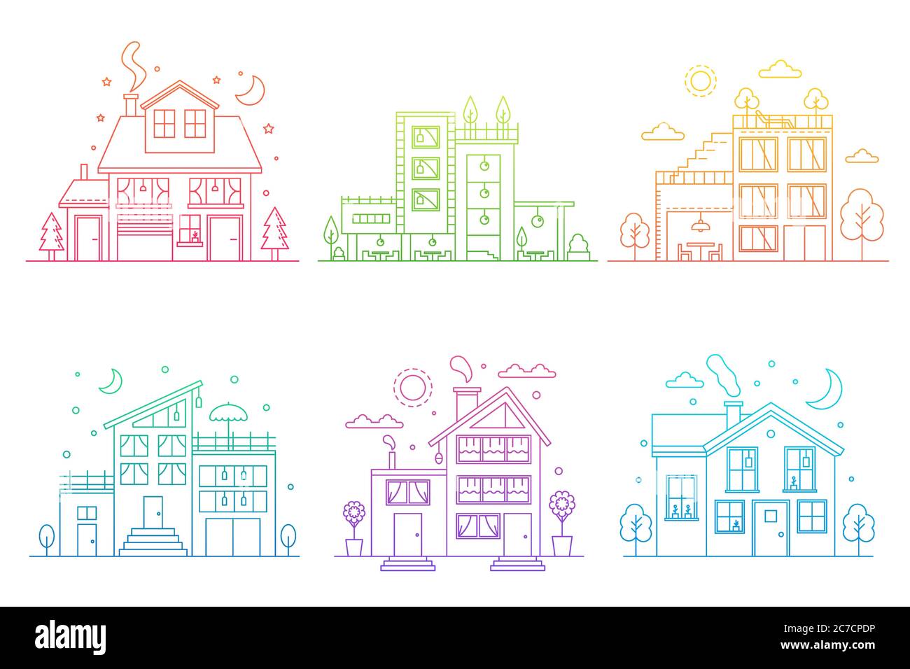 Ensemble de lignes de dégradé urbain et suburbain maisons isolées de contour illustration vectorielle Illustration de Vecteur