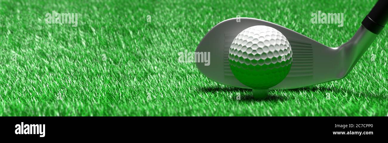 Équipement de golf, ballon de golf sur le tee et bâton prêt à prendre des photos de près, fond vert herbe du parcours de golf, bannière, espace de copie. illustration 3d Banque D'Images