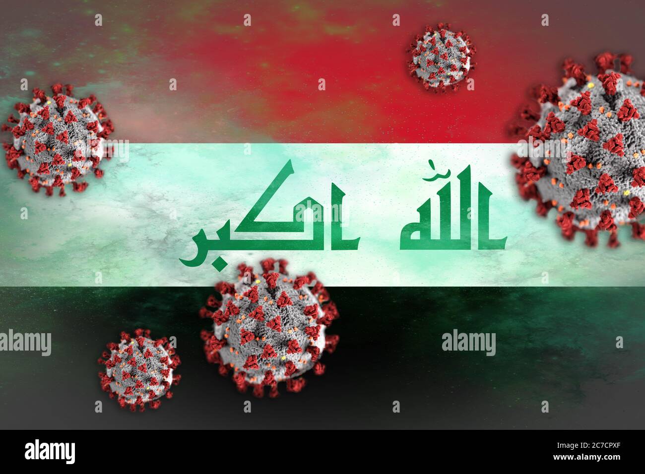 Concept de coronavirus ou de particules Covid-19 qui éclipsent le drapeau irakien symbolisant l'épidémie. Banque D'Images
