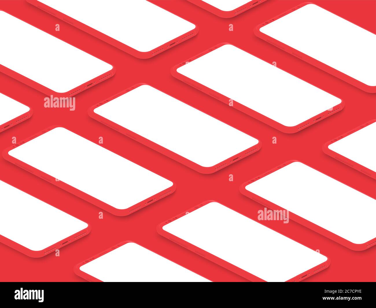 Smartphones maquette isométrique rouge réaliste avec grille d'écrans vierge. Interface utilisateur d'application mobile pour infographie, interface graphique, publicité, illustration vectorielle de démonstration d'application Illustration de Vecteur