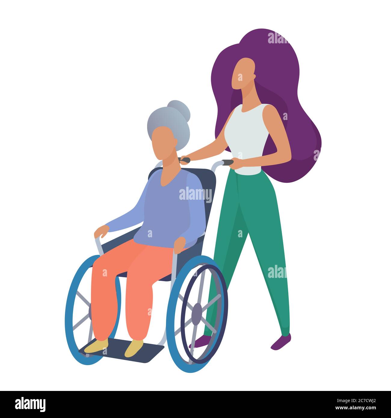 Jeune femme travailleur social bénévole s'occupant de la vieille femme handicapée en fauteuil roulant illustration vectorielle Illustration de Vecteur