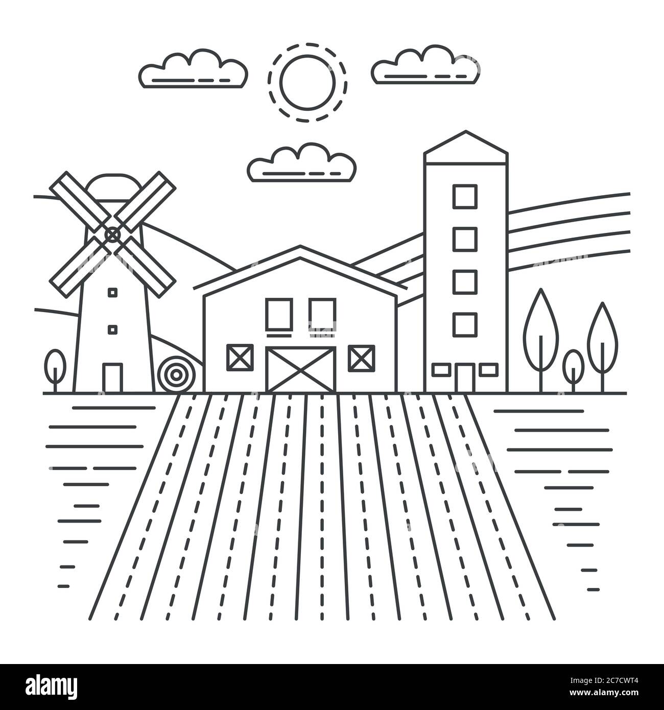 Bannière de la ferme - paysage de la ferme avec les éléments de contour des produits écologiques et biologiques. Illustration vectorielle en style art au trait. Illustration de Vecteur