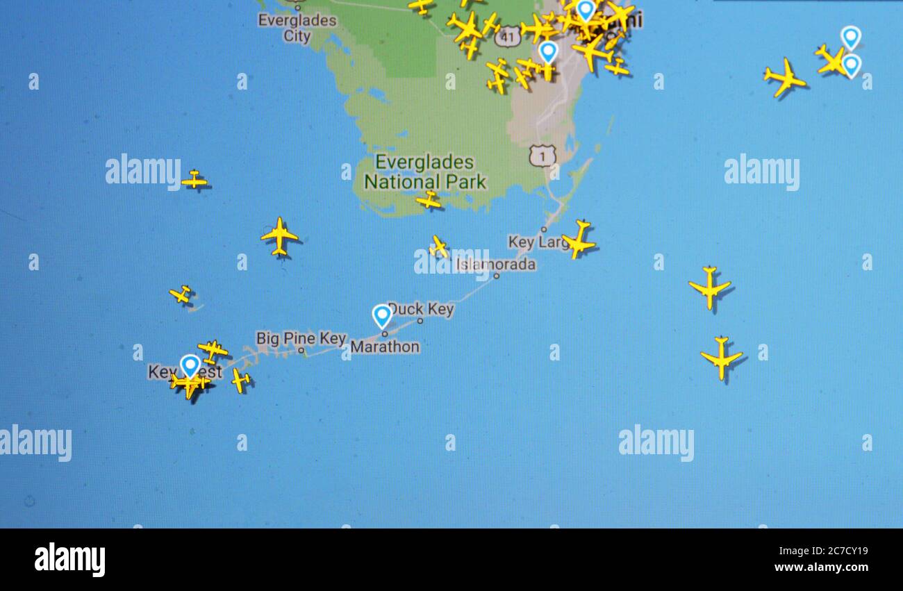 Trafic aérien au-dessus de la Floride (16 juillet 2020, UTC 12.23) sur Internet avec le site Flightracar 24, pendant la période de pandémie du coronavirus Banque D'Images