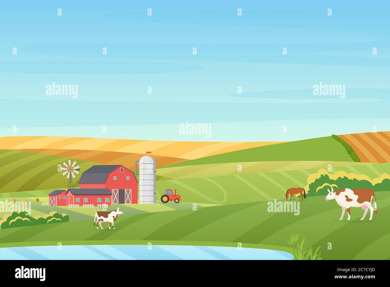 Été temps chaud ferme paysage de campagne avec éco cottage, grange, moulin à vent, tracteur, tour d'ensilage, vache, cheval, vert et orange champs près de l'illustration bleu propre lac plat vecteur Illustration de Vecteur