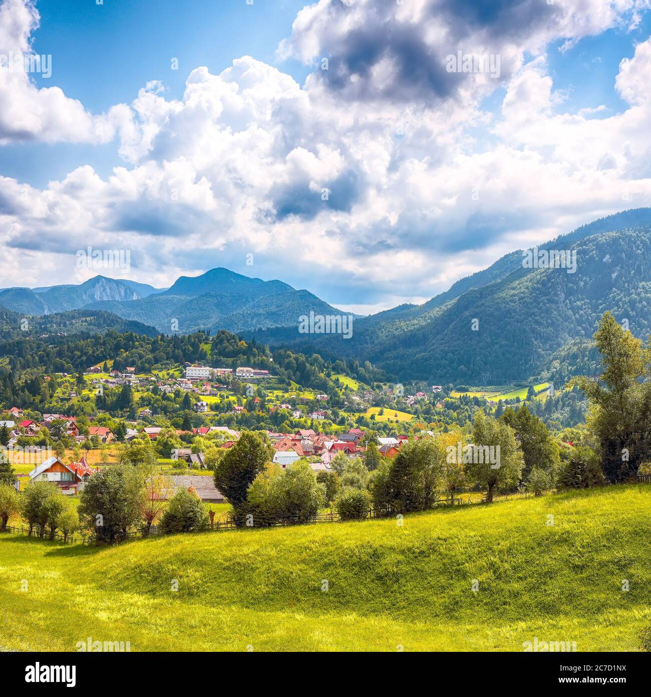 Paysage alpin magnifique avec champs verts et montagnes Piatra CRAiului dans la commune de Dambovicioara. Emplacement : village de Podu Dambovitei, comté d'Arges, D. Banque D'Images