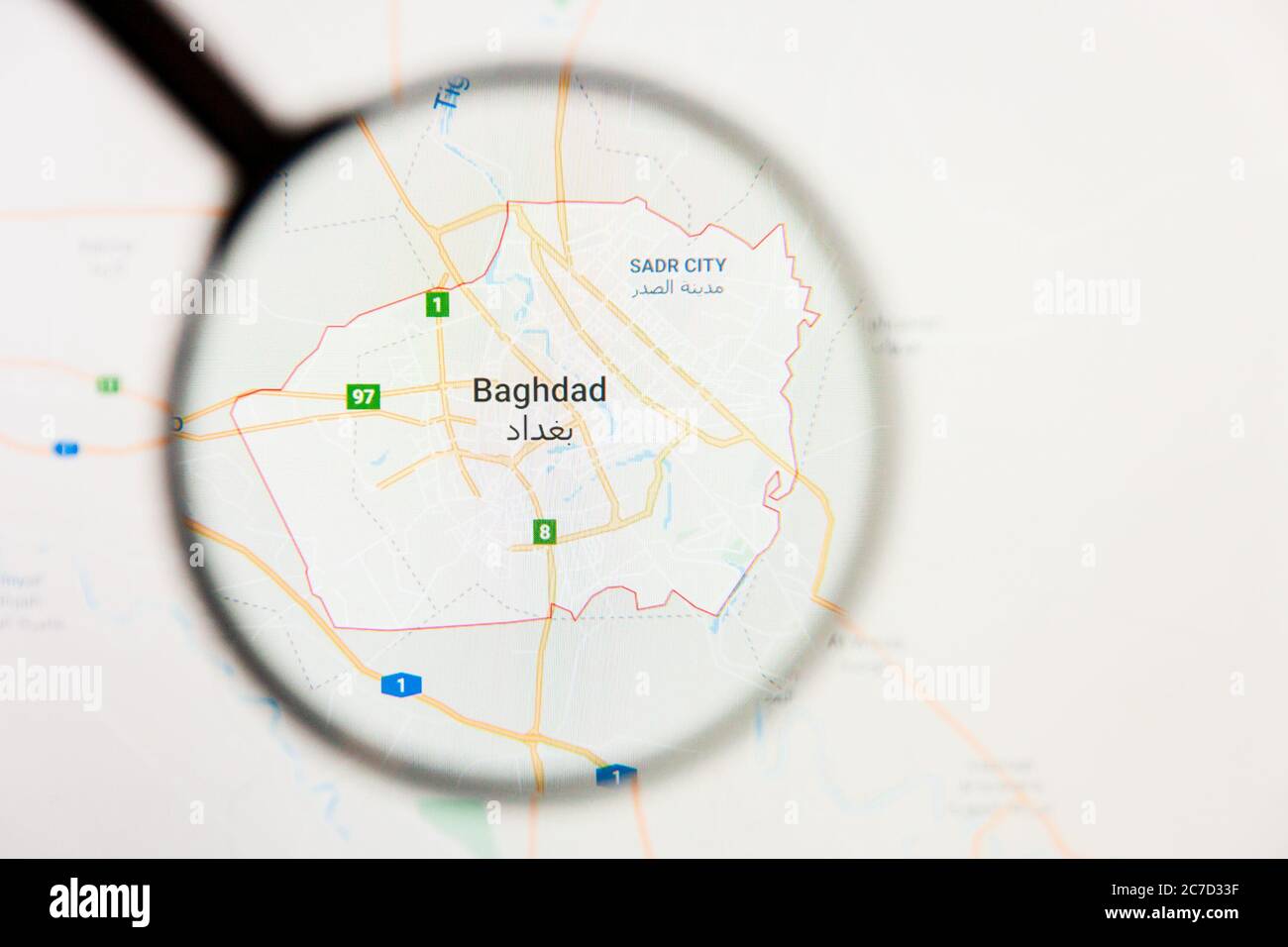 Bagdad, Irak, concept d'illustration de la visualisation de la ville sur écran d'affichage par loupe Banque D'Images
