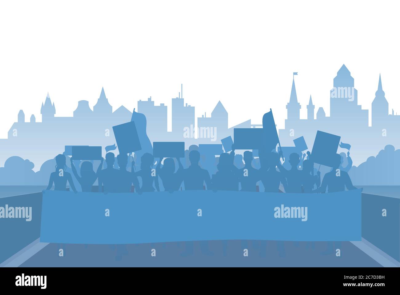 Les manifestants se rassemblent sur le concept de démonstration de paysage en fond de vecteur coty moderne et plat. Illustration de Vecteur
