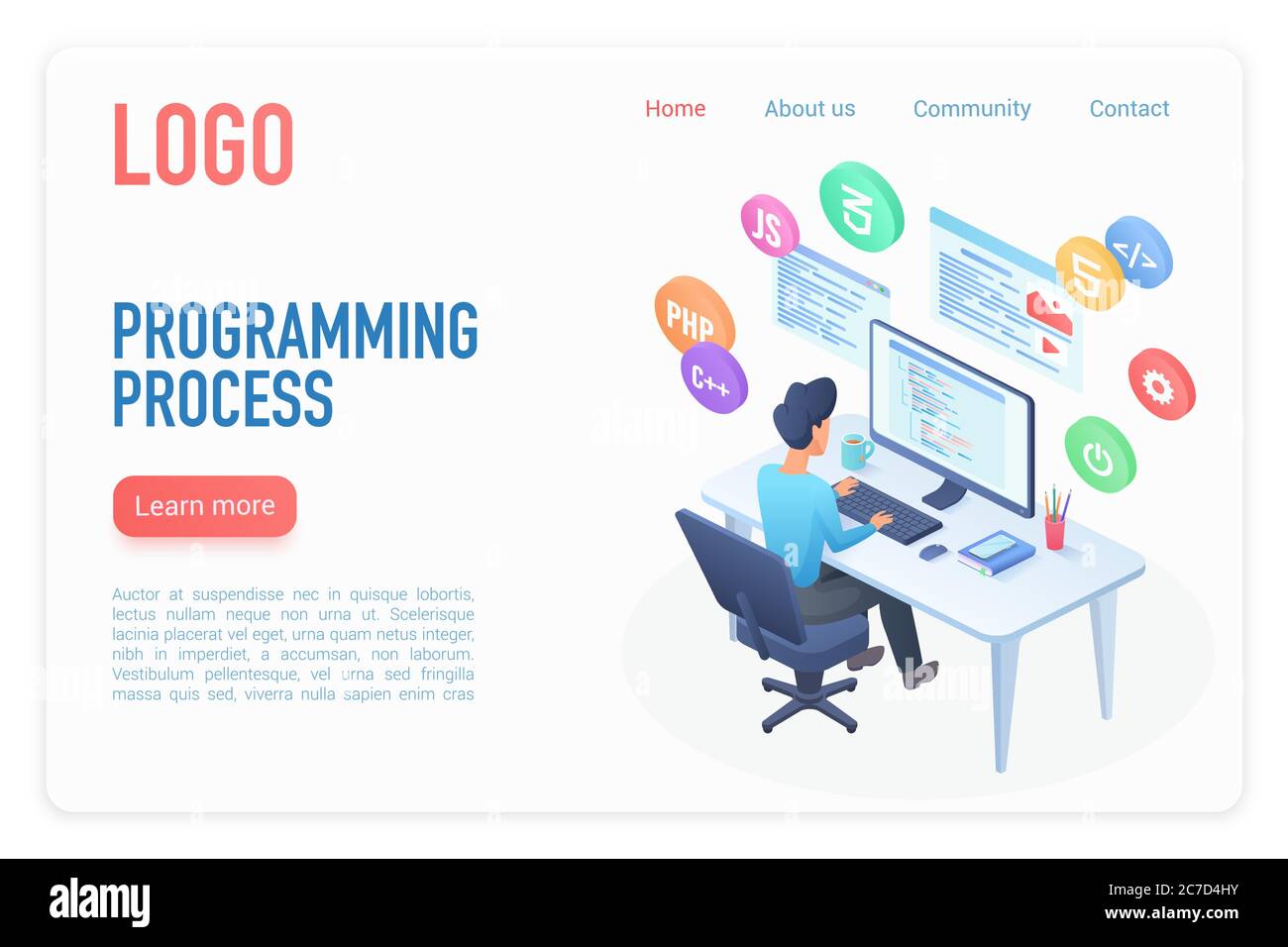 Modèle de vecteur isométrique de la page de renvoi du processus de programmation. Développement logiciel concept 3d. Codeur, cours de programmeur. Technologie numérique. Informatique, MISE en page du site Web de l'industrie INFORMATIQUE Illustration de Vecteur