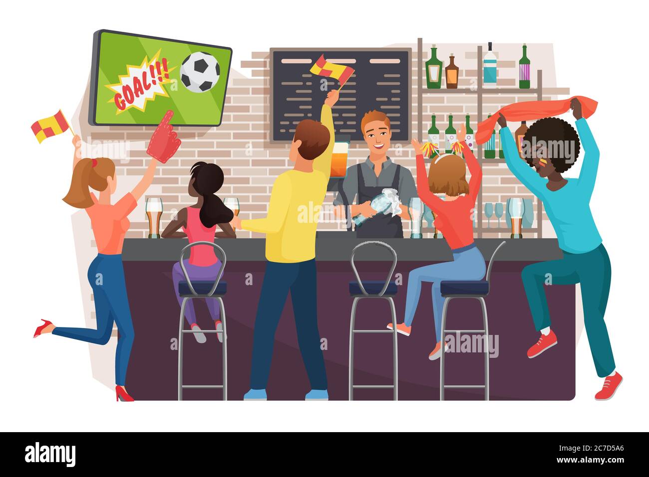 Les gens qui regardent le football et célèbrent dans la barre de l'illustration vectorielle plate. Des amis qui regardent un match de football, un barman debout au bar sportif, des personnages de dessin animé. Les fans de football dans le bar vue arrière Illustration de Vecteur