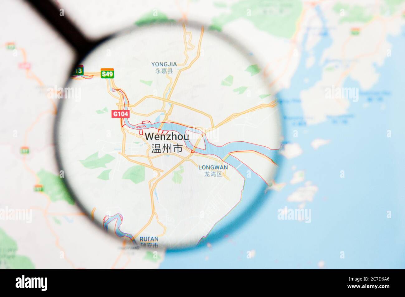 Wenzhou, Chine concept d'illustration de la visualisation de la ville sur l'écran d'affichage par loupe Banque D'Images