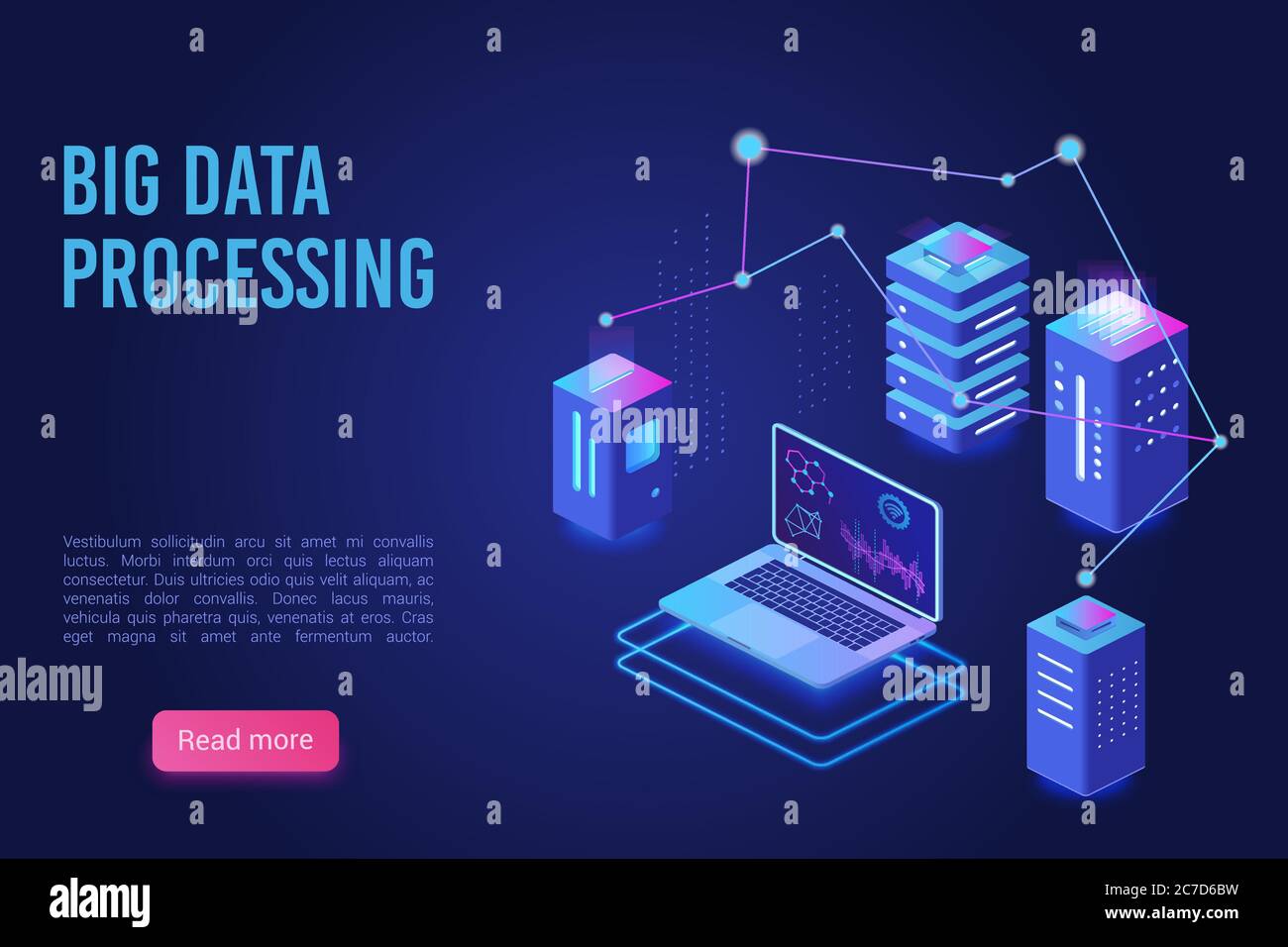 Traitement et analyse des Big Data du modèle vectoriel de page d'arrivée. Serveurs de données analytiques, bannière de salle de serveurs, concept d'hébergement Web, illustration vectorielle isométrique ultraviolet Illustration de Vecteur