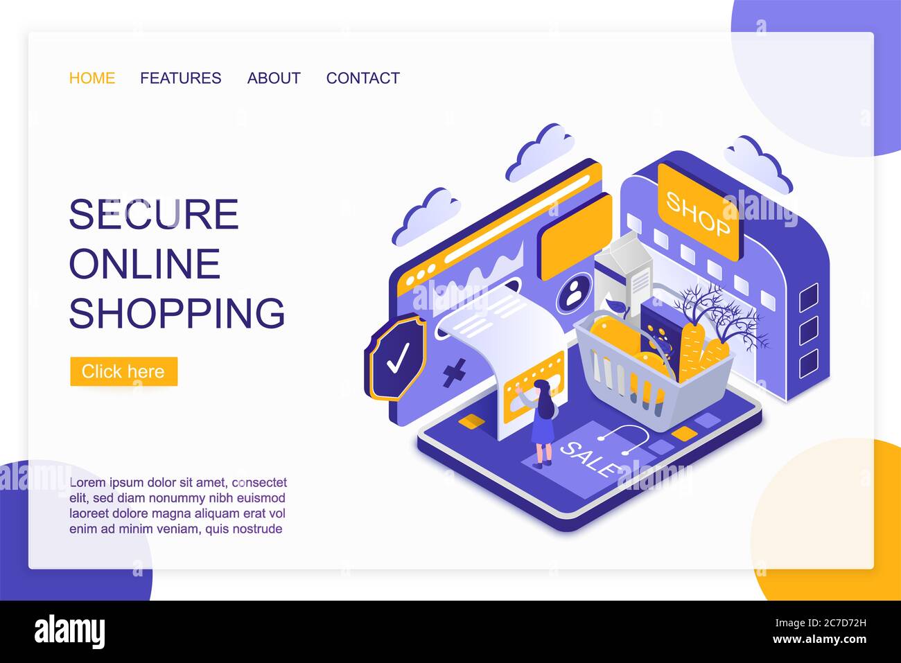 Modèle vectoriel de page d'arrivée isométrique pour les achats en ligne sécurisés. Disposition du site Web de l'épicerie sur Internet. EPayment, e billing, Digital achète 3d concept illustration. Achat de produits en ligne par des acheteurs Illustration de Vecteur