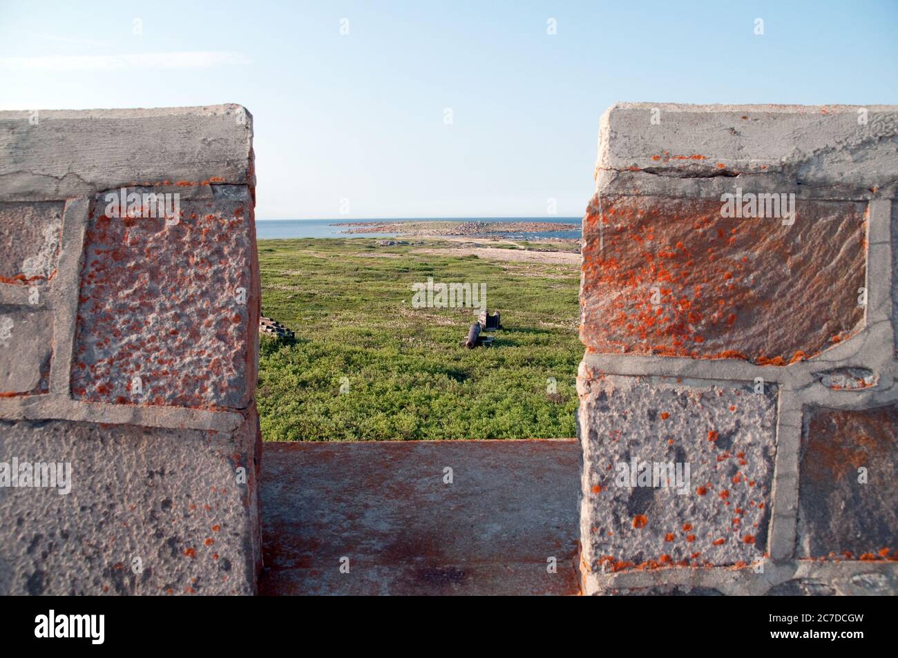 Vue sur la baie d'Hudson et l'océan Arctique depuis les remparts crénelés au sommet de l'ancien fort Prince de Galles, à Churchill, Manitoba, Canada. Banque D'Images