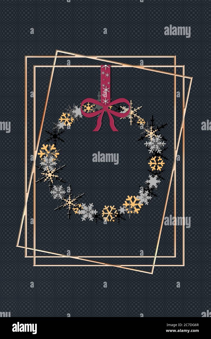 Carte de Noël avec flocons de neige dorés, noirs et argentés en forme de couronne sur fond noir et cadres dorés. Carte de vœux de luxe joyeux Noël. Illustration 3D Banque D'Images