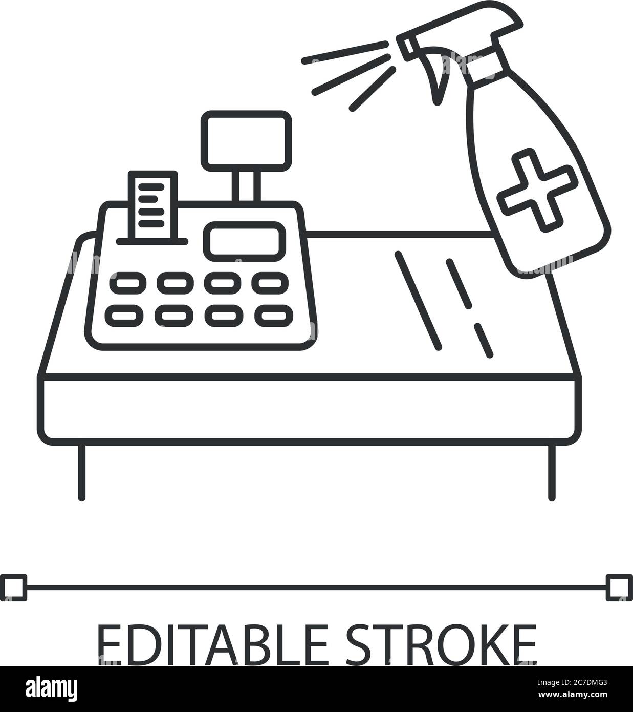 Icône linéaire pixel Perfect de désinfection du comptoir d'atelier. Illustration personnalisable de la ligne fine de nettoyage de surface. Symbole de contour. Caisse enregistreuse et pulvérisateur vec Illustration de Vecteur