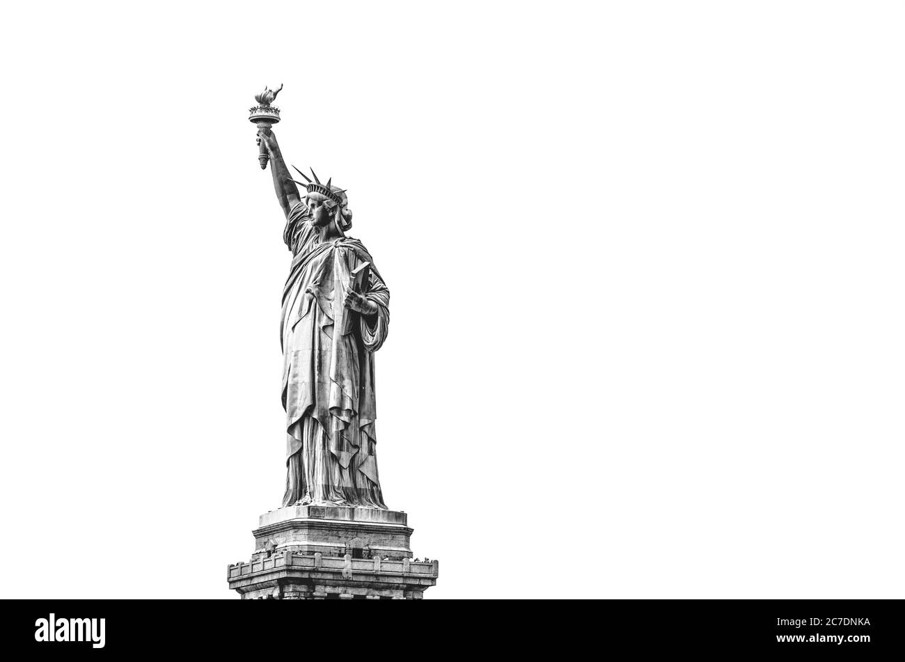 Statue de la liberté en noir et blanc isolée sur fond blanc pur, New York City, Etats-Unis Banque D'Images