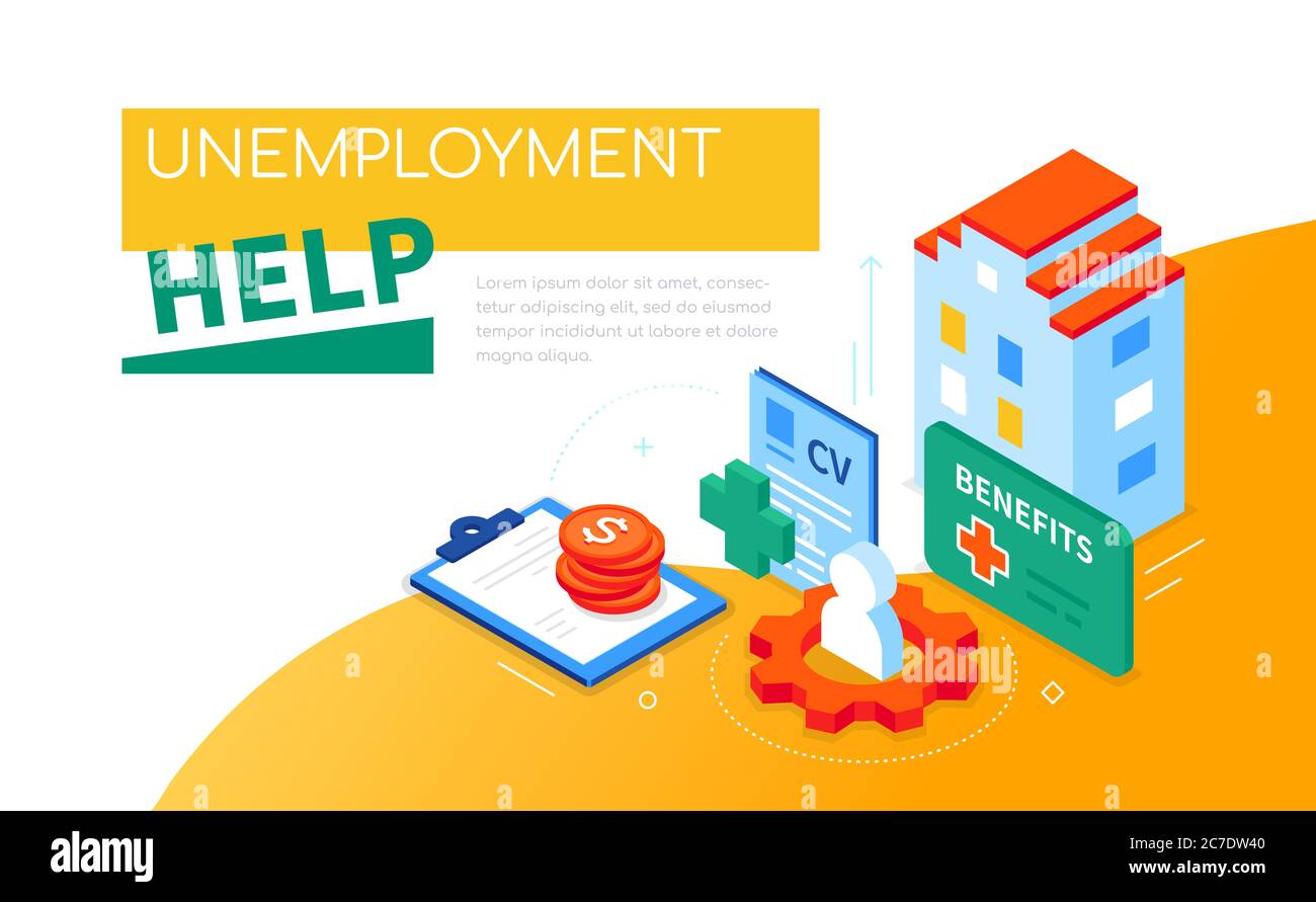 Aide au chômage - bannière web moderne colorée isométrique Illustration de Vecteur