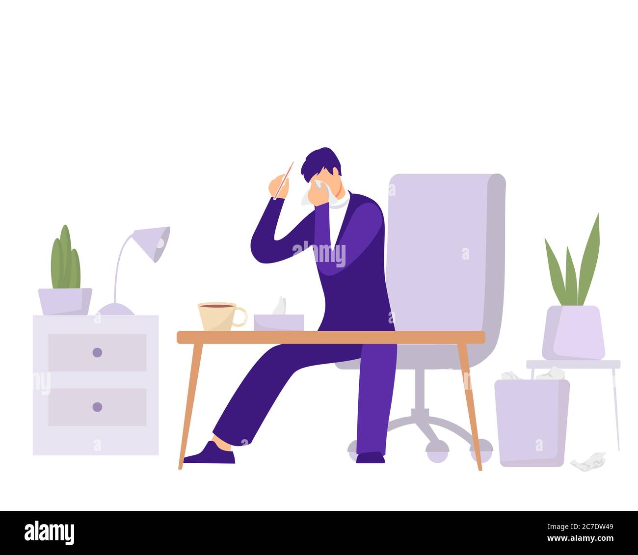 Illustration de la maladie d'un employé dans un bureau. Le caractère avec thermomètre et nez qui coule tente de fonctionner. Illustration de Vecteur