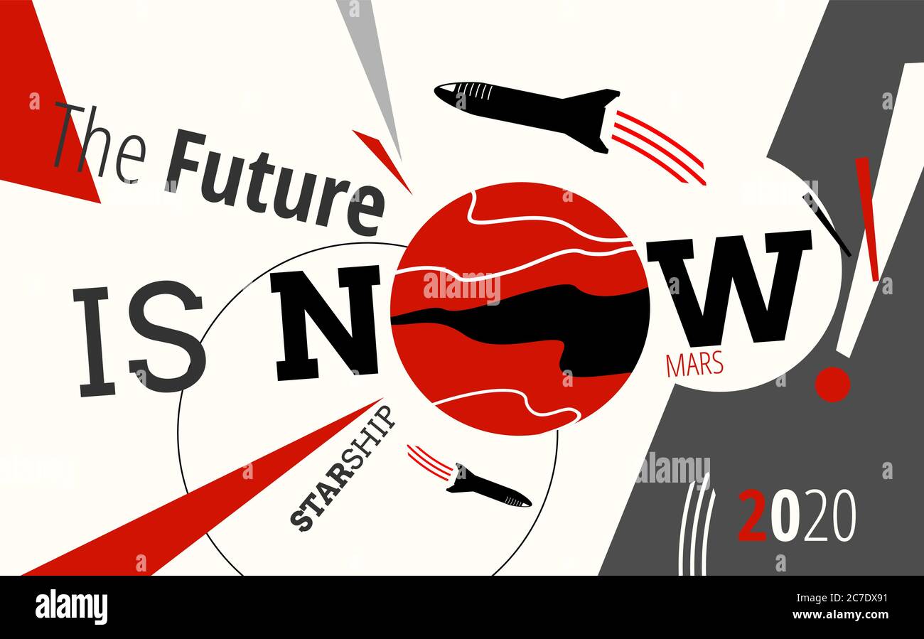 Affiche d'illustration rétro de vaisseau spatial et de vecteur Mars. L'avenir est maintenant art. Vecteur navire de fusée de bande dessinée Illustration de Vecteur