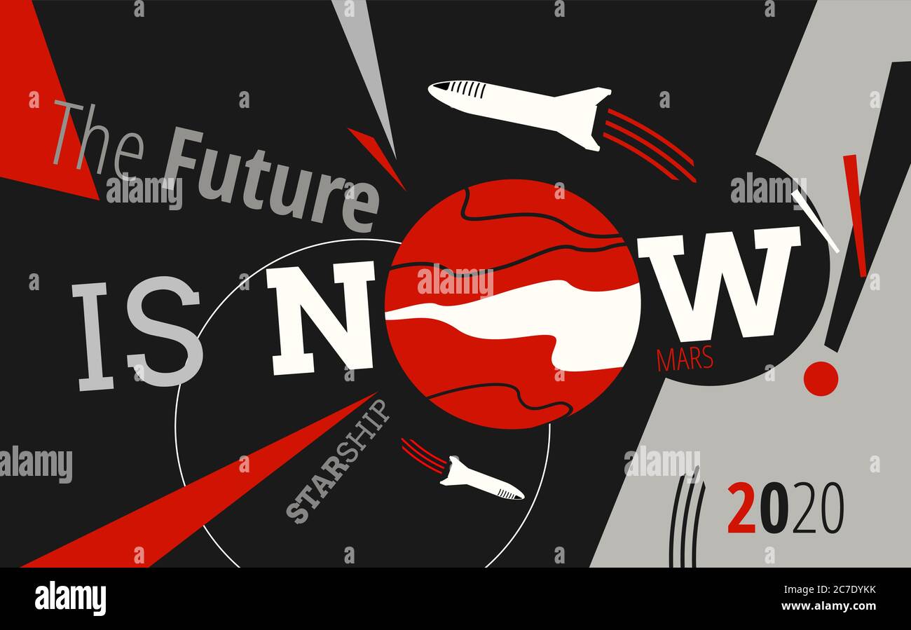 Affiche d'illustration rétro de vaisseau spatial et de vecteur Mars. L'avenir est maintenant art. Vecteur navire de fusée de bande dessinée Illustration de Vecteur