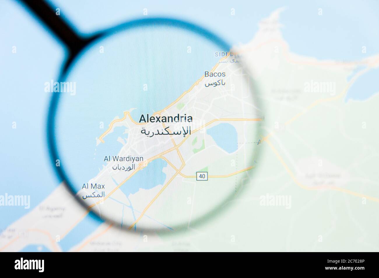 Alexandria, Égypte, concept d'illustration de la visualisation de la ville sur l'écran d'affichage par la loupe Banque D'Images