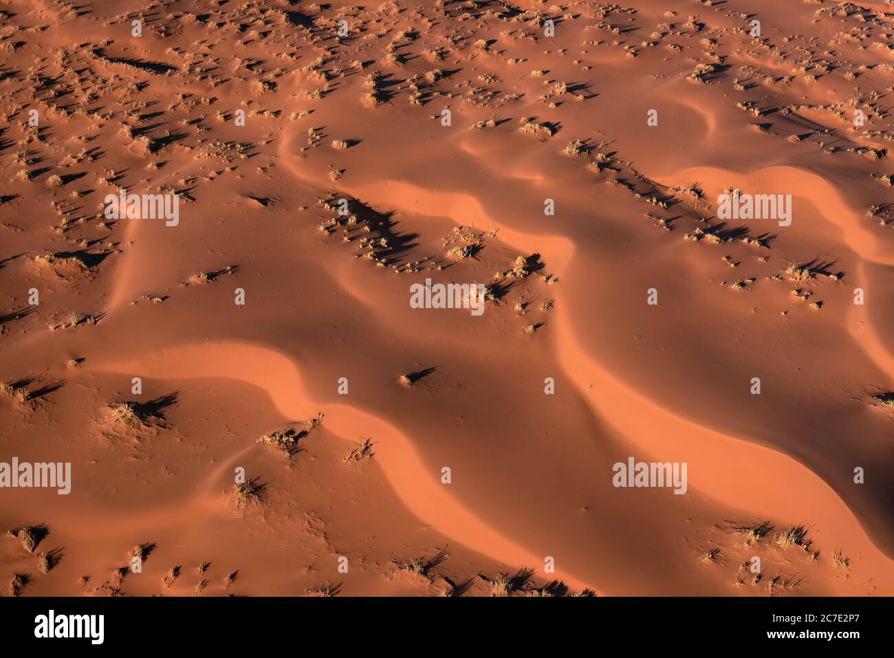 Vue aérienne des dunes de sable, situées dans le désert du Namib, dans le parc national Namib-Naukluft, Namibie au lever du soleil. Banque D'Images