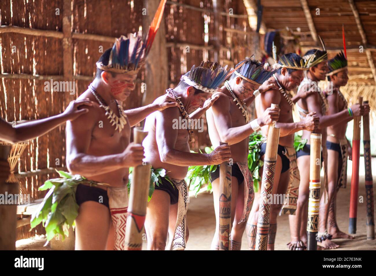 Les hommes indigènes amazoniens exécutent une cérémonie tribale traditionnelle avec des bâtons de cérémonie, portant des coiffes à plumes et de la peinture corporelle, célébrant leur cérémonie Banque D'Images