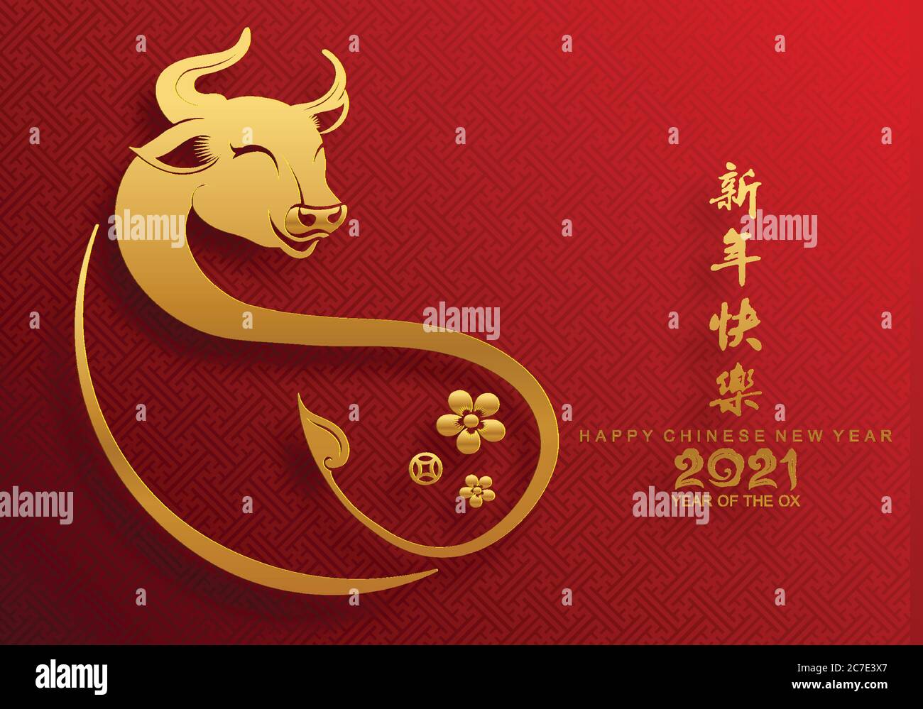 Nouvel an chinois 2021 année du boeuf, papier rouge coupé caractère boeuf, fleur et éléments asiatiques avec style artisanal sur fond. Illustration de Vecteur
