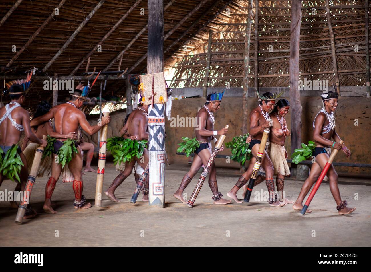 Les hommes indigènes amazoniens exécutent une cérémonie tribale traditionnelle avec des bâtons de cérémonie, portant des coiffes à plumes et de la peinture corporelle, célébrant leur cérémonie Banque D'Images