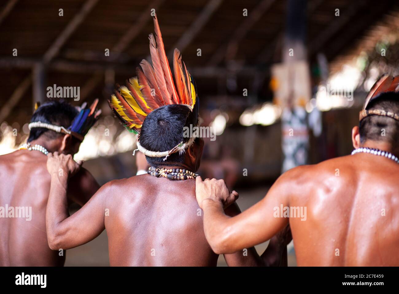 Les hommes indigènes amazoniens exécutent une cérémonie tribale traditionnelle avec des bâtons de cérémonie, portant des coiffes à plumes et de la peinture corporelle, célébrant leur cérémonie Banque D'Images