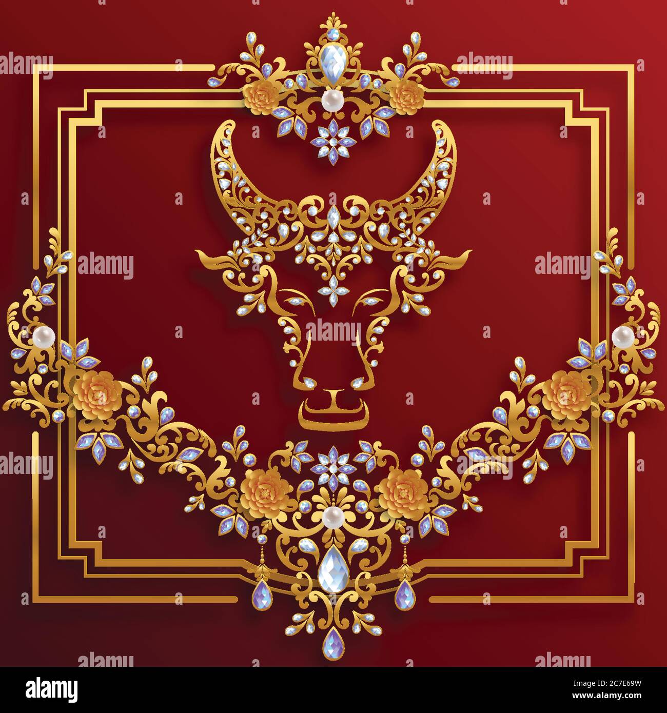 Nouvel an chinois 2021 année du boeuf, papier rouge coupé caractère boeuf, fleur et éléments asiatiques avec style artisanal sur fond. Illustration de Vecteur