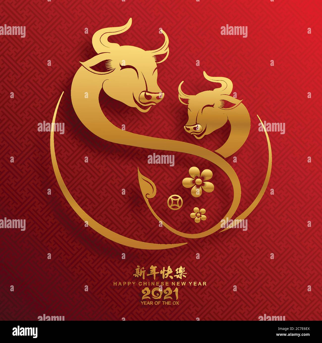 Nouvel an chinois 2021 année du boeuf, papier rouge coupé caractère boeuf, fleur et éléments asiatiques avec style artisanal sur fond. Illustration de Vecteur