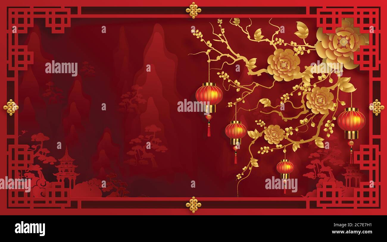 Nouvel an chinois 2021 année du boeuf, papier rouge coupé caractère boeuf, fleur et éléments asiatiques avec style artisanal sur fond. Illustration de Vecteur