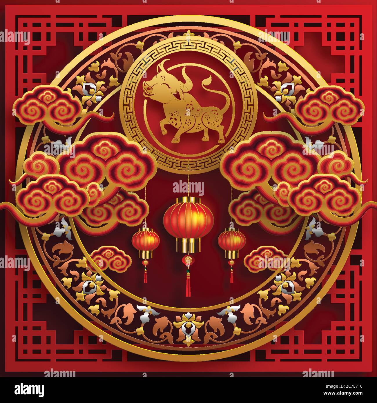 Nouvel an chinois 2021 année du boeuf, papier rouge coupé caractère boeuf, fleur et éléments asiatiques avec style artisanal sur fond. Illustration de Vecteur
