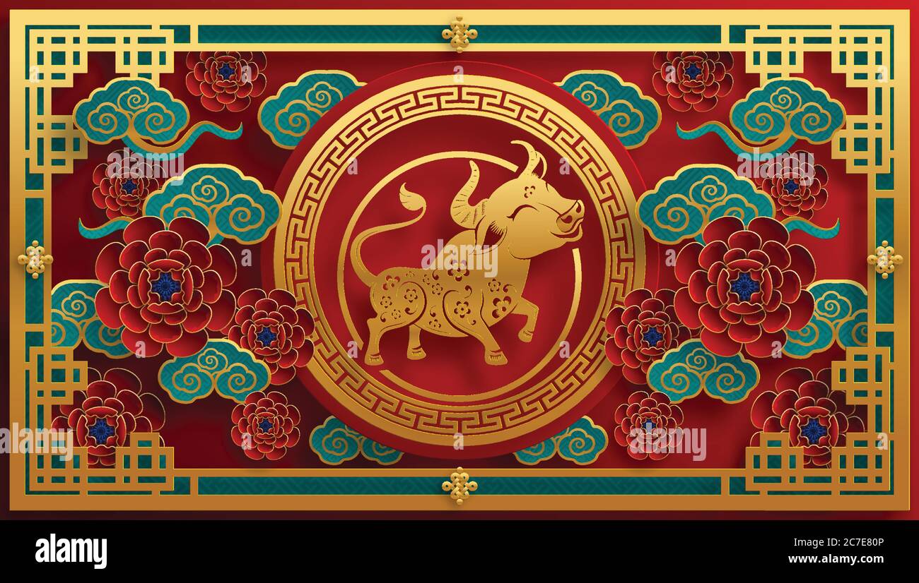 Nouvel an chinois 2021 année du boeuf, papier rouge coupé caractère boeuf, fleur et éléments asiatiques avec style artisanal sur fond. Illustration de Vecteur