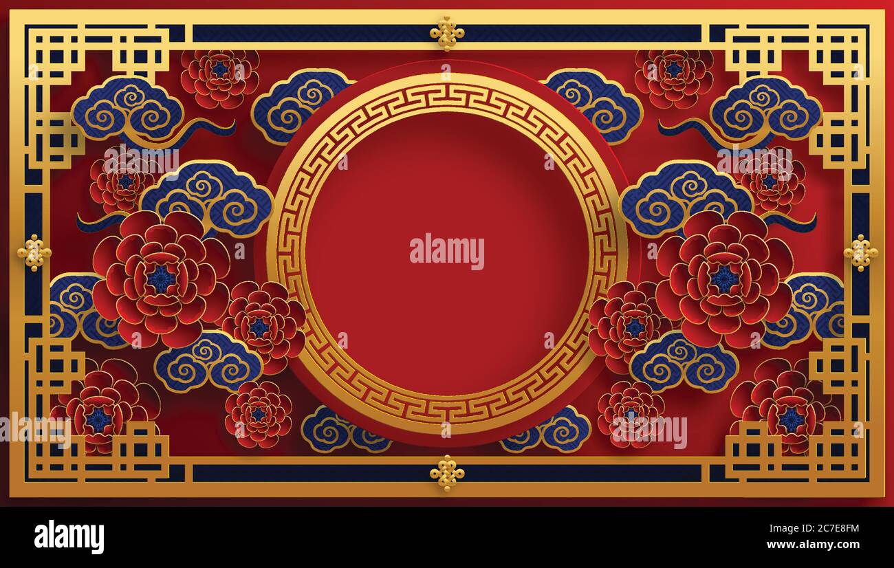 Nouvel an chinois 2021 année du boeuf, papier rouge coupé caractère boeuf, fleur et éléments asiatiques avec style artisanal sur fond. Illustration de Vecteur