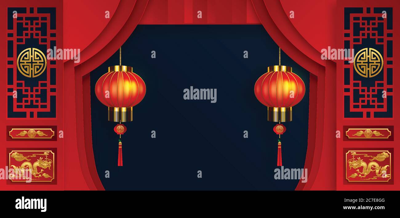 Nouvel an chinois 2021 année du boeuf, papier rouge coupé caractère boeuf, fleur et éléments asiatiques avec style artisanal sur fond. Illustration de Vecteur