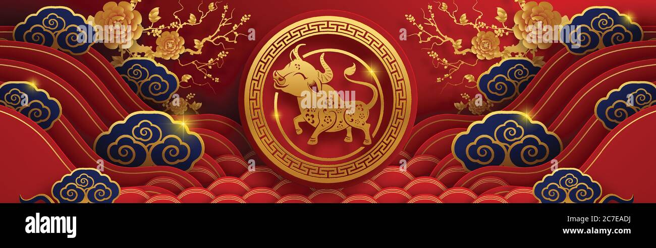 Nouvel an chinois 2021 année du boeuf, papier rouge coupé caractère boeuf, fleur et éléments asiatiques avec style artisanal sur fond. Illustration de Vecteur