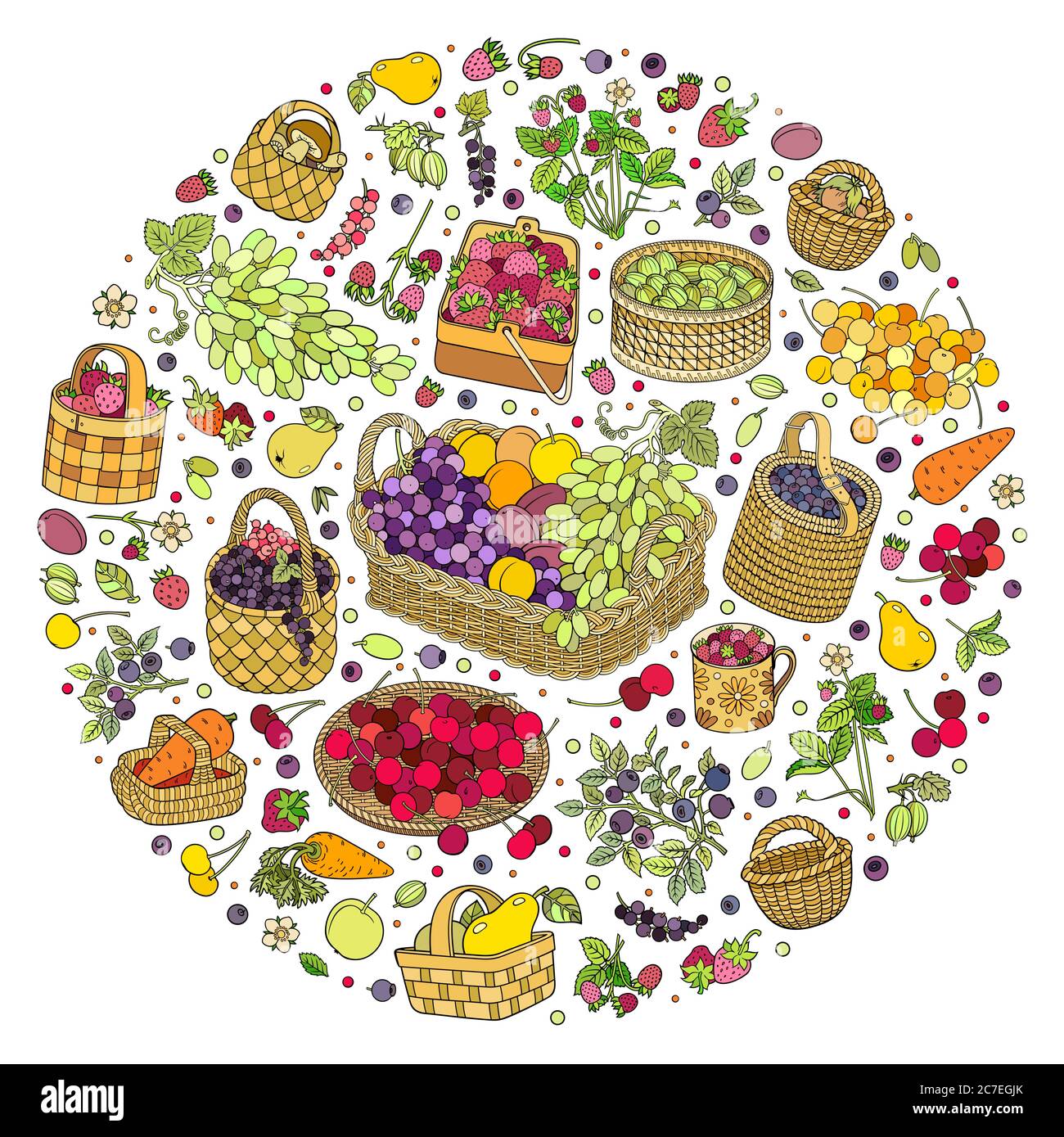 Beaucoup de fruits, légumes et baies dans des paniers Illustration de Vecteur