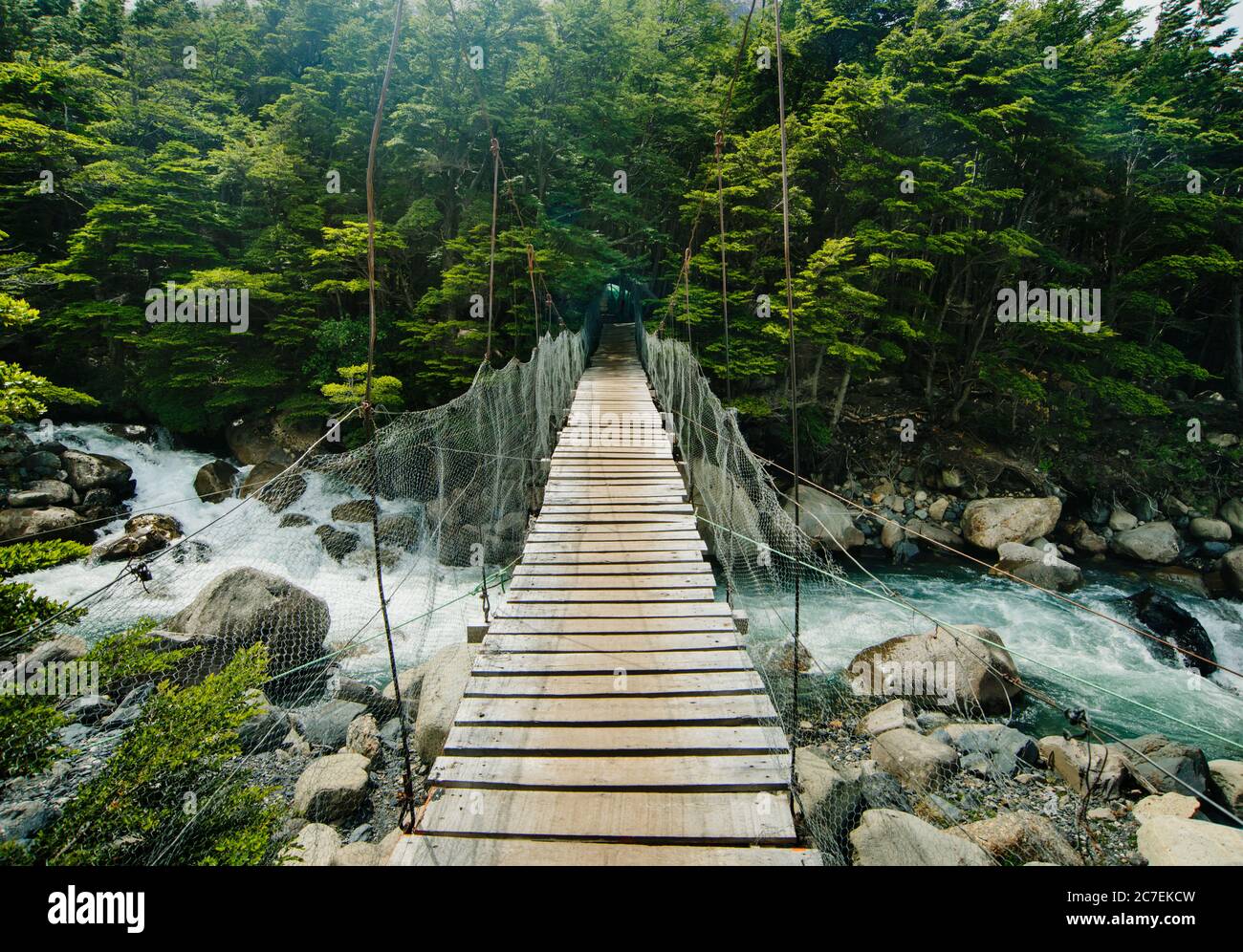 Pont suspendu sur la rivière dans le parc national Torres Del Paine, Chili, Patagonie, Amérique du Sud Banque D'Images