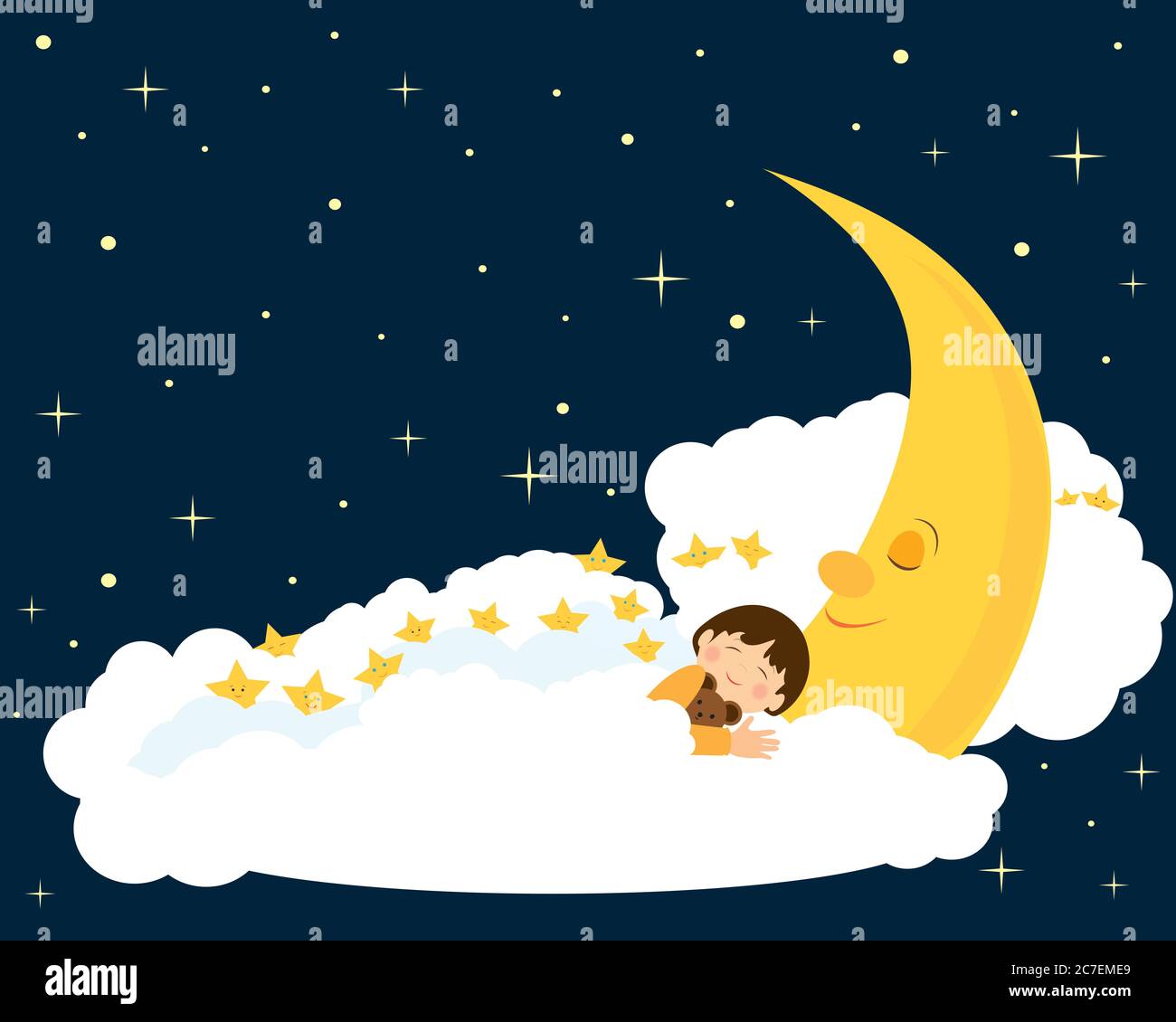 Garçon dormant sur la lune couverte de nuages et d'étoiles. Banque D'Images