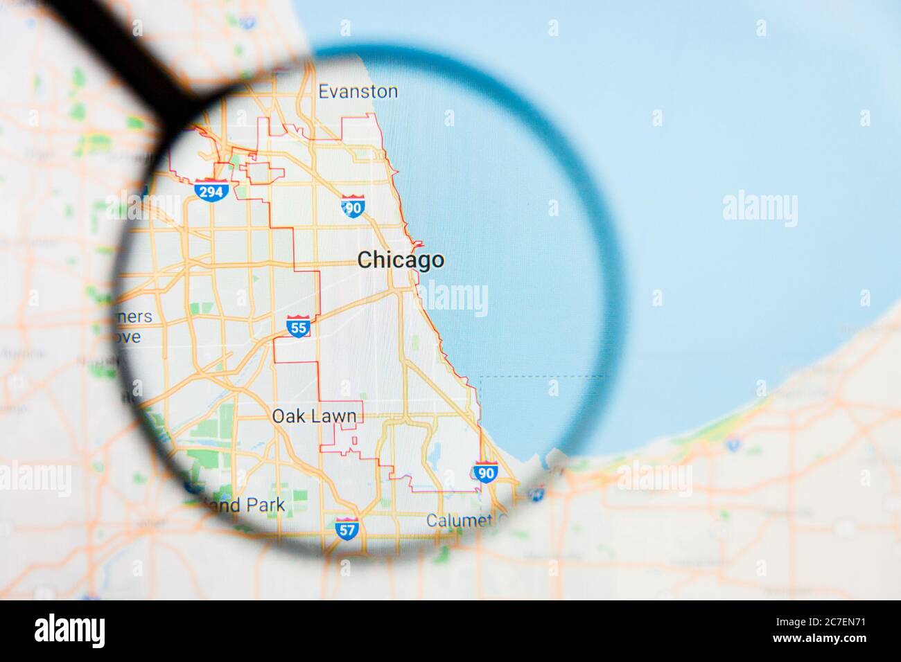 Chicago, États-Unis, concept d'illustration de la visualisation de la ville sur l'écran d'affichage par loupe Banque D'Images