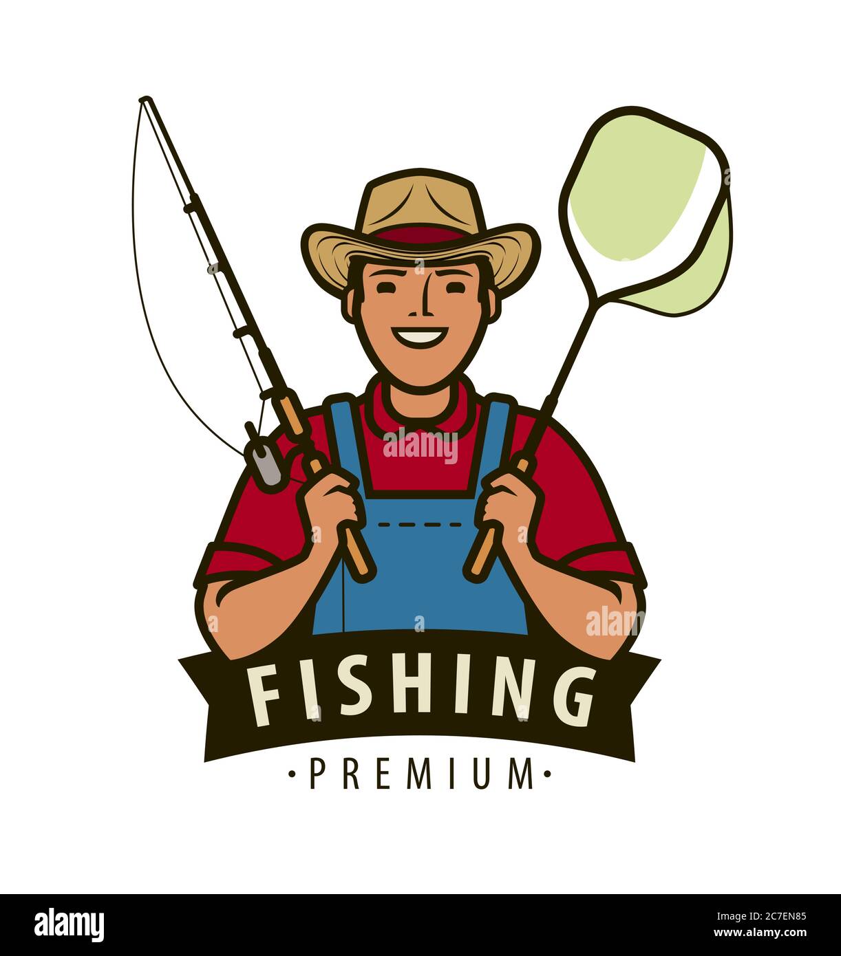 Pêcheur avec logo de canne à pêche. Pêche, concept de poisson Illustration de Vecteur