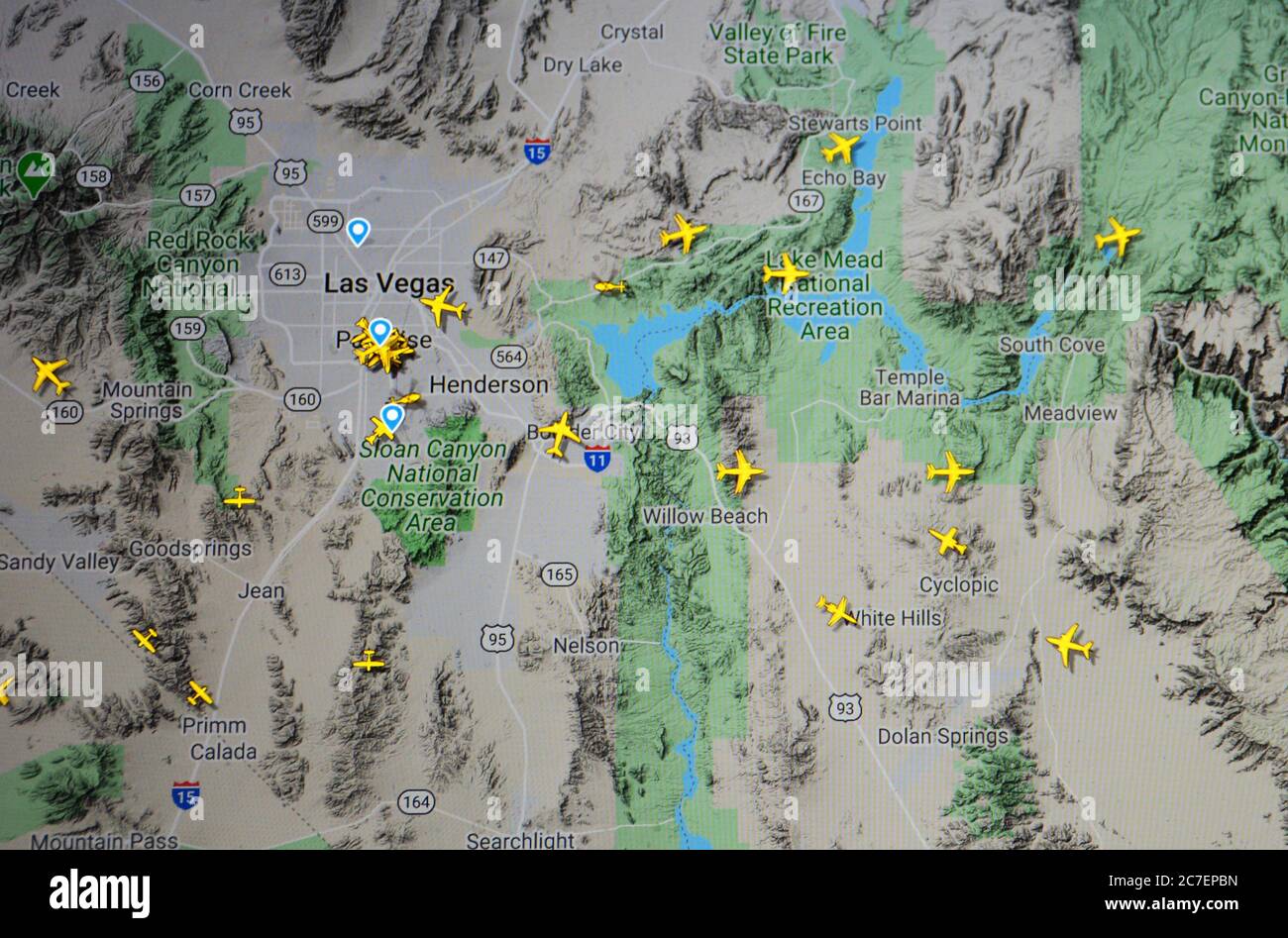 Trafic aérien sur la région de Las Vegas, États-Unis (16 juillet 2020, UTC 21.45) sur Internet avec le site Flightracar 24, pendant la pandémie du coronavirus Banque D'Images