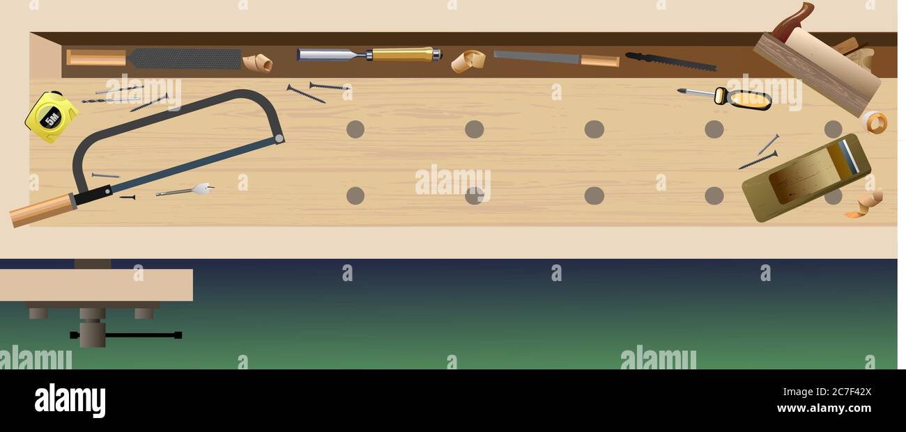 Arrière-plan du menuisier. Atelier de menuisier. Table d'artisanat, établi de menuiserie pour l'atelier. Vue de dessus. Illustration vectorielle. Illustration de Vecteur