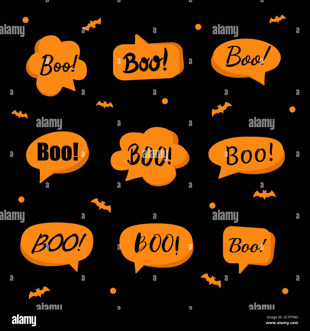Bulle de dialogue orange avec boo isolé sur le noir. Ensemble d'autocollants d'halloween mignons. Illustration vectorielle de style plat. Illustration de Vecteur