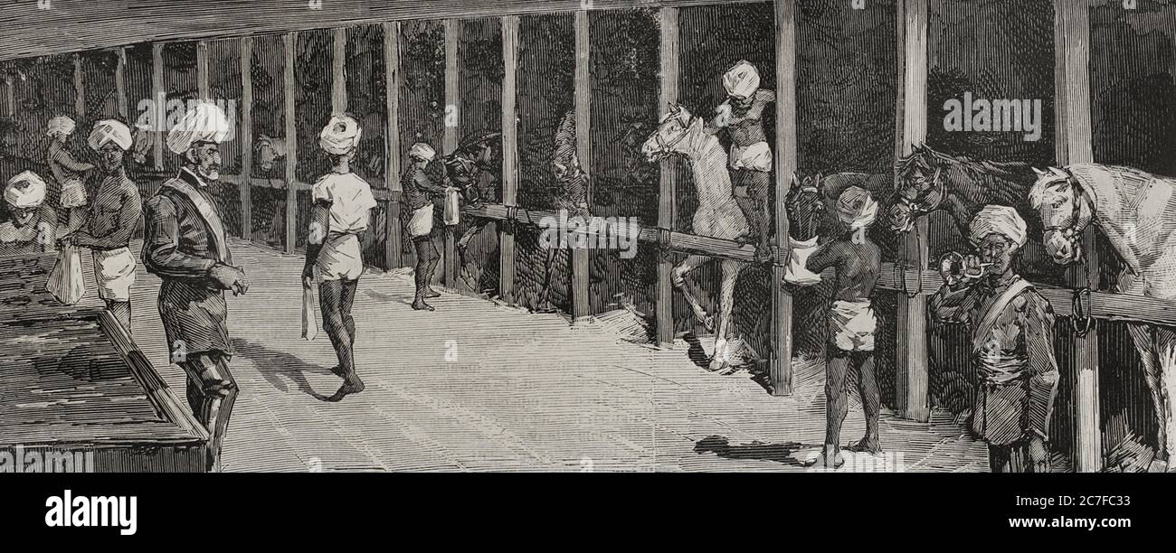 Segunda guerra anglo-afgana (1878-1880). Campaña emprendida por los ingleses contra el Emir de Kaboul. Traslado de un régimiento de caballería de Bengala desde Malte une Bombay, un bordo del transporte'Tobras': la hora del pienso. Grabado por Rico. La Ilustración Española y Americana,1878. Banque D'Images