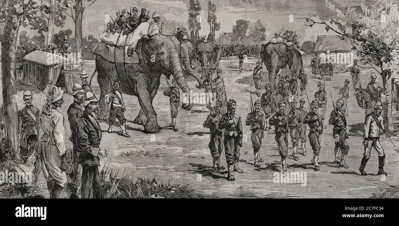 Segunda guerra anglo-afgana (1878-1880). Campaña emprendida por los ingleses contra el Emir de Kaboul. Viaje de tropas'Gourkhas'desde Almorah a Lahore. Grabado por Rico. La Ilustración Española y Americana,1878. Banque D'Images