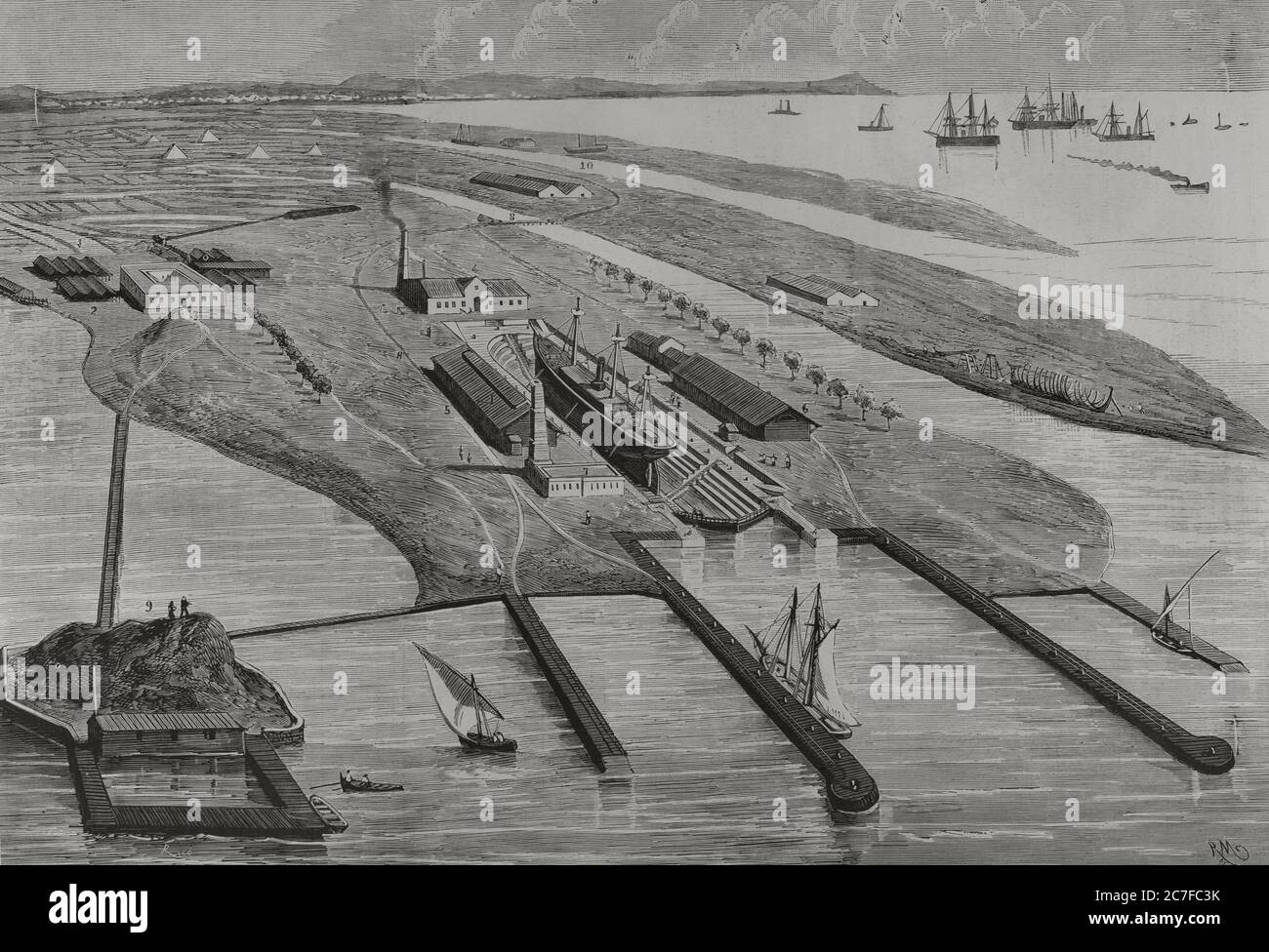 Historia de España. SIGLO XIX Andalousie. Cádiz. Panorámica del Dique de Carenas de los SRES. A. López y Compañía, en la Playa de Matagorda, tomada en marea alta. Dibujo del por naturel R. Monleón. Inaugurado el 3 de julio de 1878. Grabado por Rico. La Ilustración Española y Americana,1878. Banque D'Images