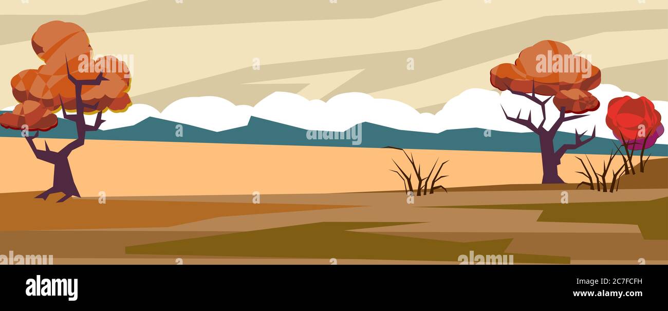 Nature, paysage. Vecteur. Paysage en dessin animé plat style comique. Arbres d'automne, horizon, distance, rochers. Illustration de Vecteur